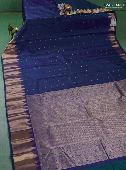 Pure kanchipuram silk saree blue with zari woven buttas and temple design zari woven border