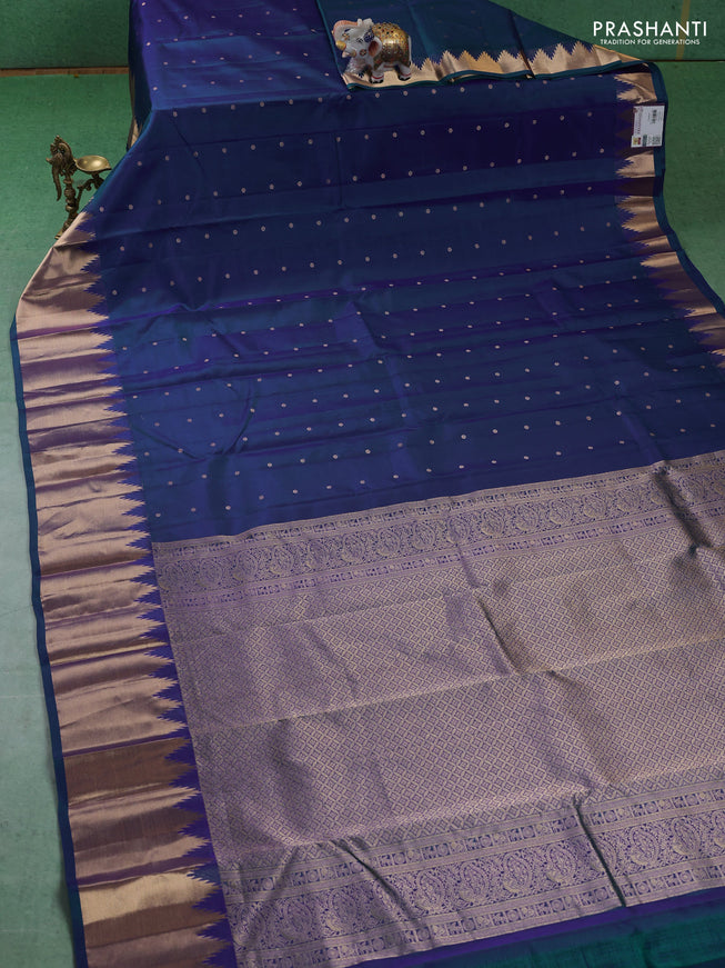 Pure kanchipuram silk saree blue with zari woven buttas and temple design zari woven border