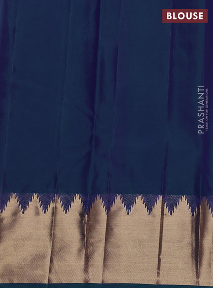 Pure kanchipuram silk saree blue with zari woven buttas and temple design zari woven border
