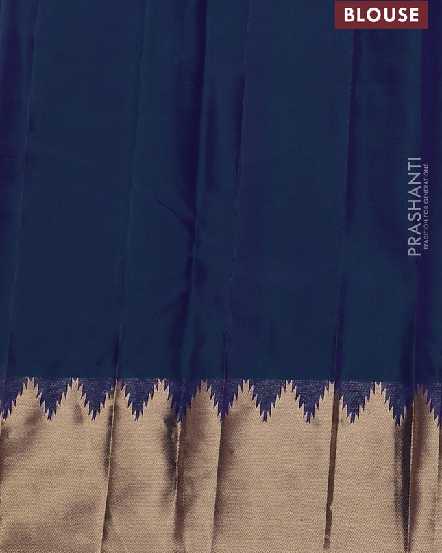 Pure kanchipuram silk saree blue with zari woven buttas and temple design zari woven border