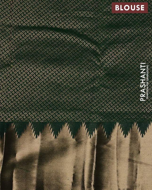 Pure kanchipuram silk saree green with plain body and temple design zari woven border