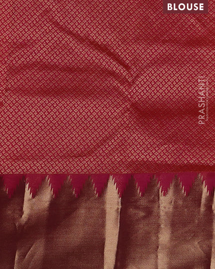Pure kanchipuram silk saree dual shade of pinkish orange with plain body and temple design zari woven border