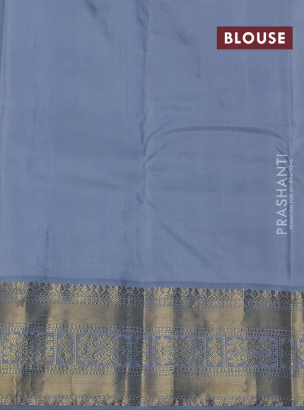 Pure kanchipuram silk saree yellow and grey with zari woven buttas and long zari woven korvai border