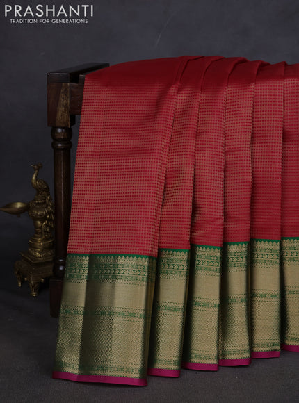 Pure kanchipuram silk saree red and green with allover zari checked pattern and long zari woven korvai border