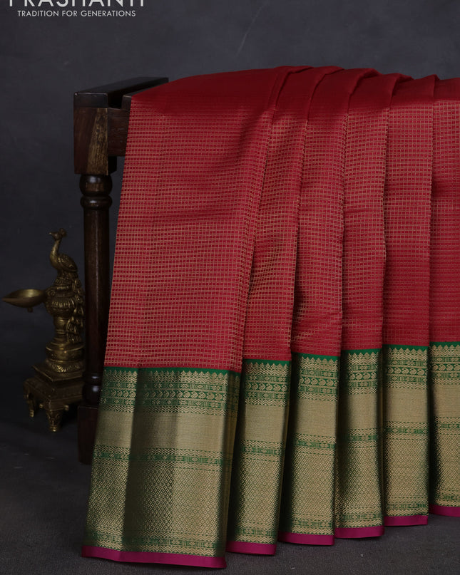 Pure kanchipuram silk saree red and green with allover zari checked pattern and long zari woven korvai border