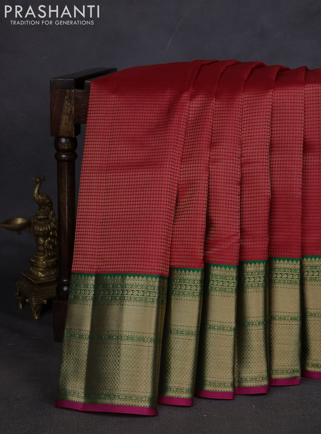 Pure kanchipuram silk saree red and green with allover zari checked pattern and long zari woven korvai border