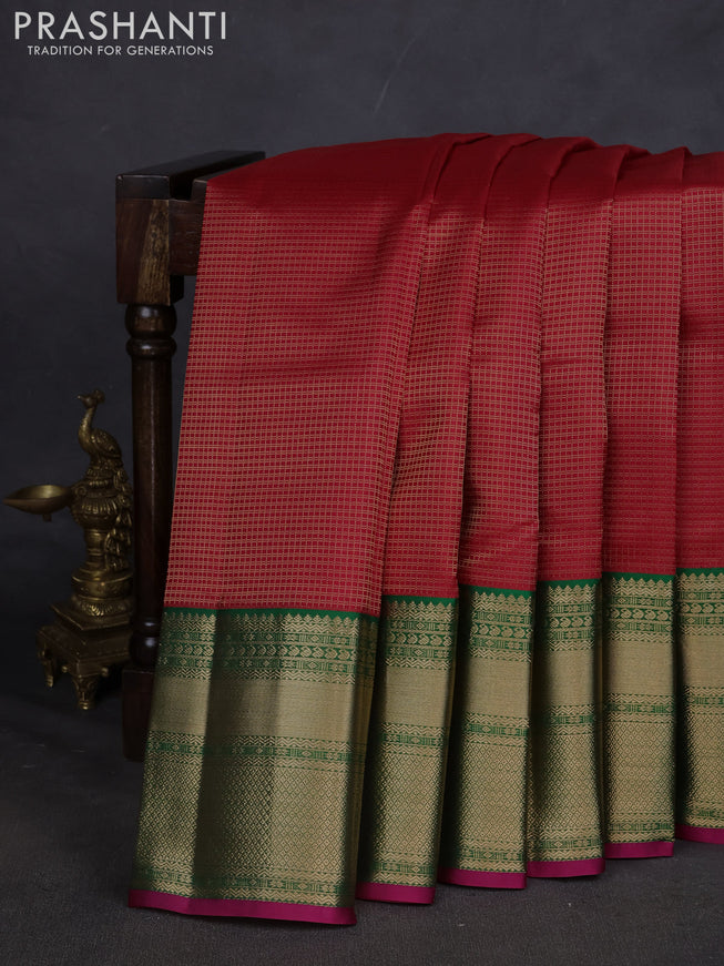 Pure kanchipuram silk saree red and green with allover zari checked pattern and long zari woven korvai border