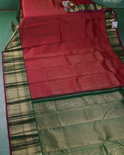 Pure kanchipuram silk saree red and green with allover zari checked pattern and long zari woven korvai border