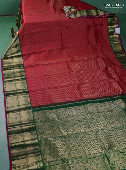 Pure kanchipuram silk saree red and green with allover zari checked pattern and long zari woven korvai border