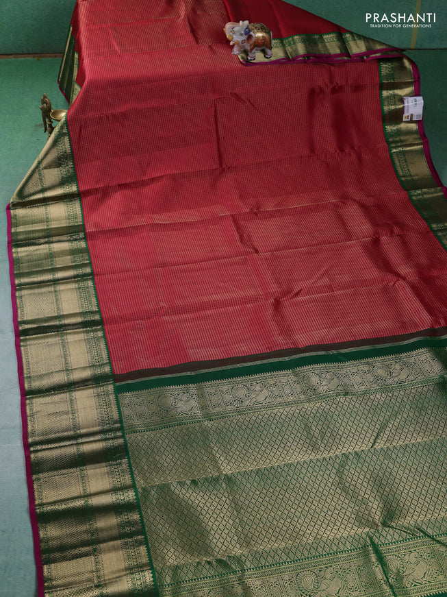 Pure kanchipuram silk saree red and green with allover zari checked pattern and long zari woven korvai border