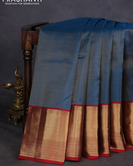 Pure kanchipuram silk saree peacock blue and maroon with allover zari checked pattern and long zari woven korvai border
