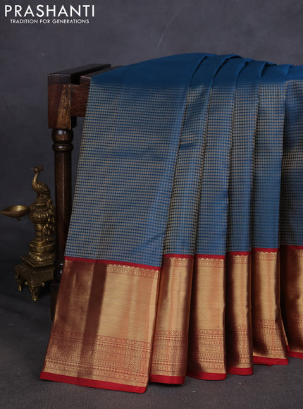 Pure kanchipuram silk saree peacock blue and maroon with allover zari checked pattern and long zari woven korvai border