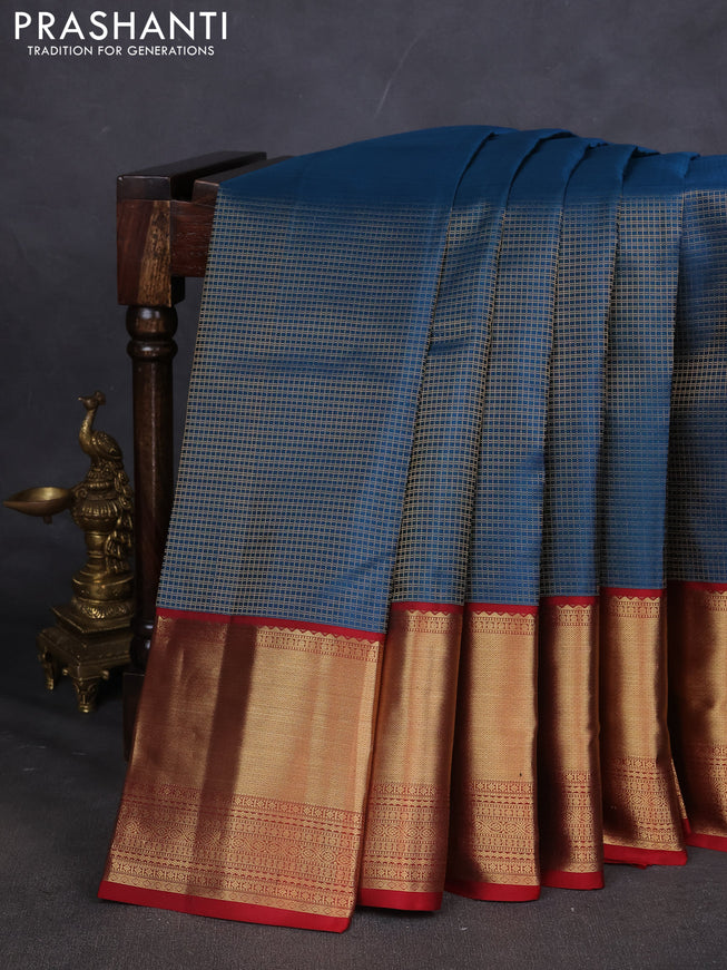Pure kanchipuram silk saree peacock blue and maroon with allover zari checked pattern and long zari woven korvai border