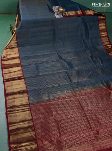 Pure kanchipuram silk saree peacock blue and maroon with allover zari checked pattern and long zari woven korvai border