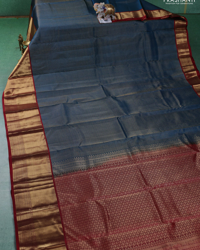 Pure kanchipuram silk saree peacock blue and maroon with allover zari checked pattern and long zari woven korvai border