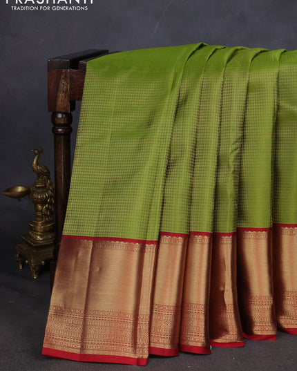 Pure kanchipuram silk saree mehendi green and maroon with allover zari checked pattern and long zari woven korvai border