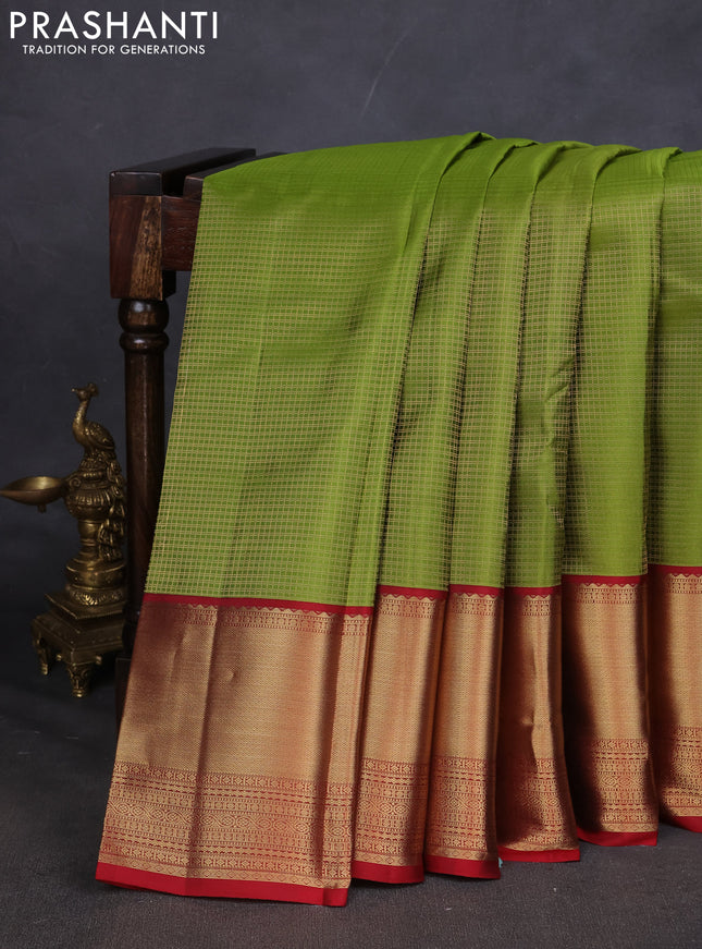 Pure kanchipuram silk saree mehendi green and maroon with allover zari checked pattern and long zari woven korvai border