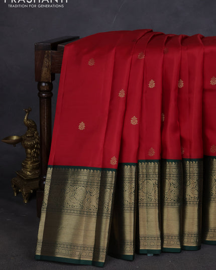 Pure kanchipuram silk saree red and dark green with zari woven buttas and long zari woven korvai border