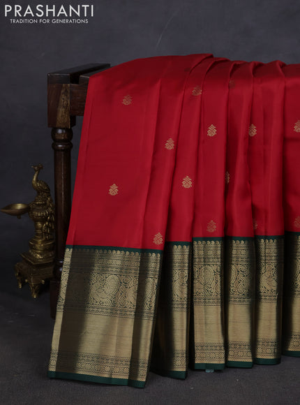 Pure kanchipuram silk saree red and dark green with zari woven buttas and long zari woven korvai border