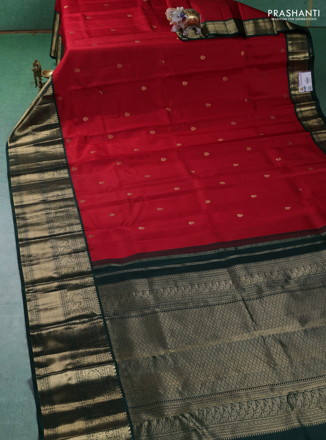 Pure kanchipuram silk saree red and dark green with zari woven buttas and long zari woven korvai border