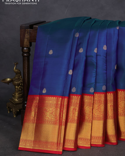 Pure kanchipuram silk saree blue and red with zari woven buttas and long zari woven korvai border