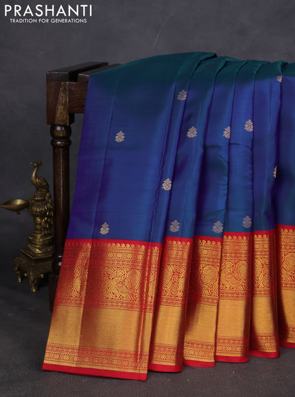 Pure kanchipuram silk saree blue and red with zari woven buttas and long zari woven korvai border