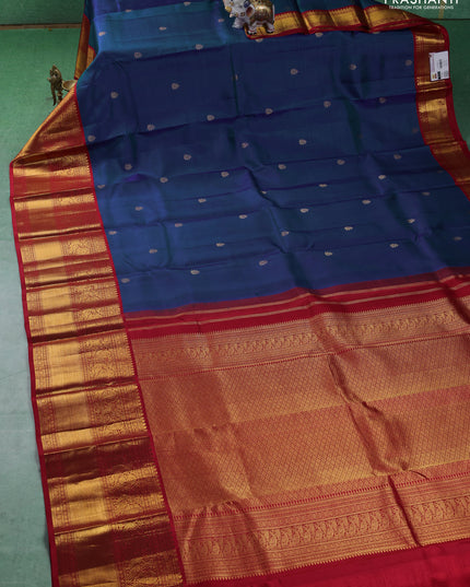 Pure kanchipuram silk saree blue and red with zari woven buttas and long zari woven korvai border