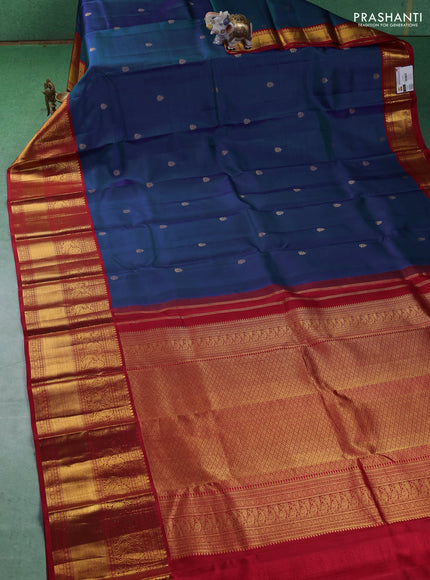 Pure kanchipuram silk saree blue and red with zari woven buttas and long zari woven korvai border
