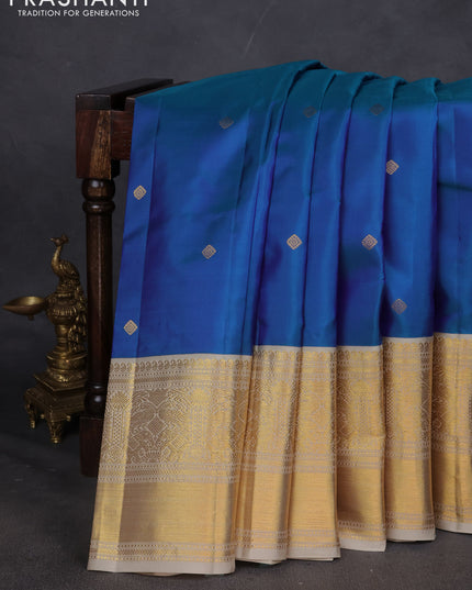 Pure kanchipuram silk saree blue and beige with zari woven buttas and zari woven korvai border