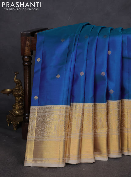 Pure kanchipuram silk saree blue and beige with zari woven buttas and zari woven korvai border