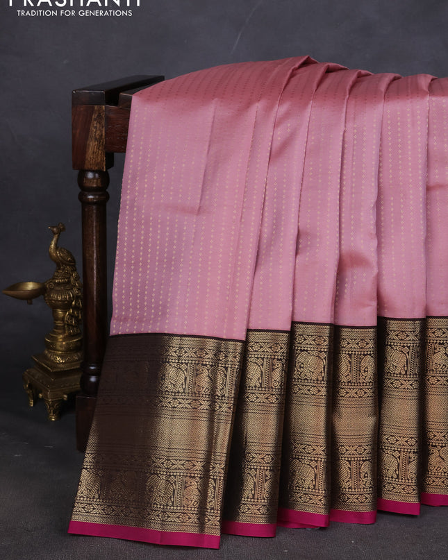Pure kanchipuram silk saree mauve pink and coffee brown with allover zari woven butta weaves and long zari woven korvai border