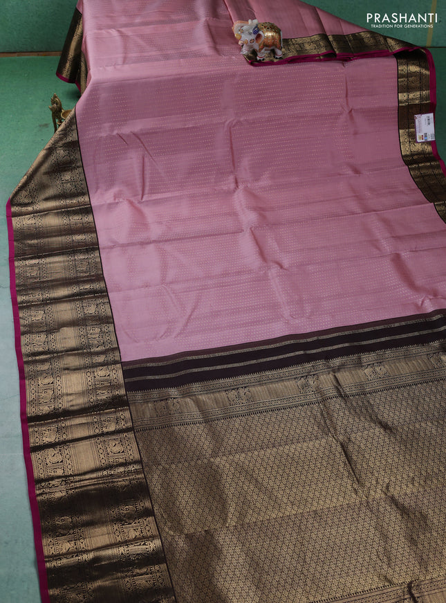 Pure kanchipuram silk saree mauve pink and coffee brown with allover zari woven butta weaves and long zari woven korvai border