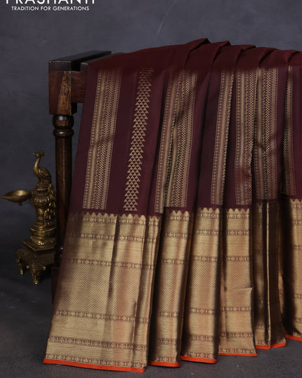 Pure kanchipuram silk saree brown and orange with allover zari weaves and long zari woven border