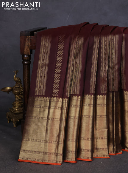 Pure kanchipuram silk saree brown and orange with allover zari weaves and long zari woven border