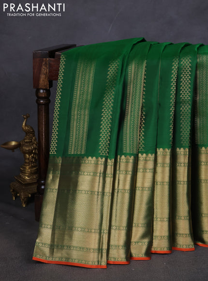 Pure kanchipuram silk saree green and orange with allover zari weaves and long zari woven border
