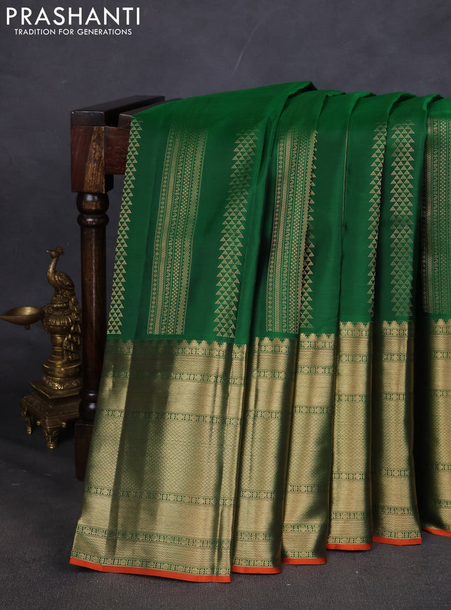 Pure kanchipuram silk saree green and orange with allover zari weaves and long zari woven border