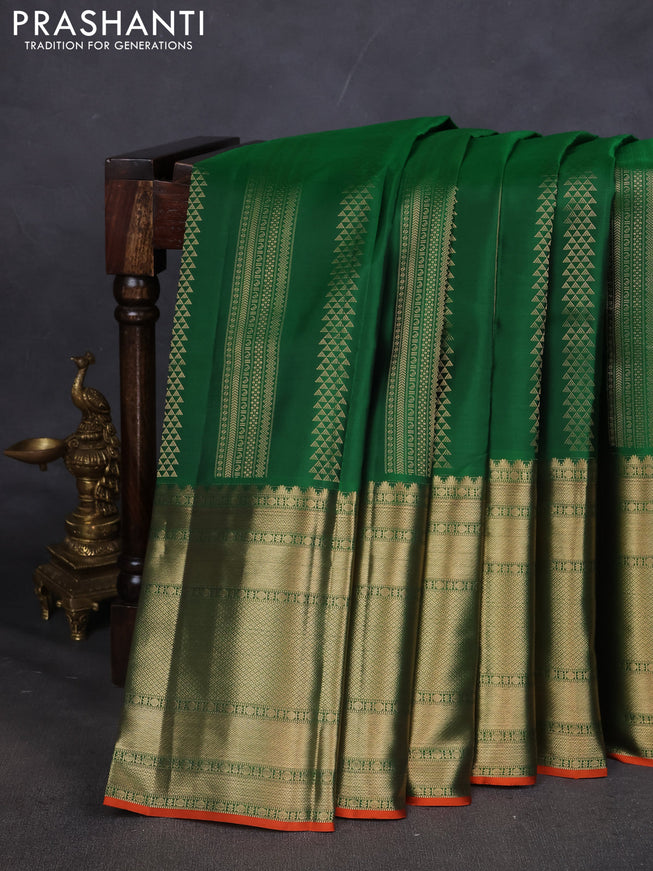 Pure kanchipuram silk saree green and orange with allover zari weaves and long zari woven border