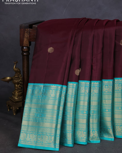 Pure kanchipuram silk saree deep maroon and teal blue with zari woven buttas and long zari woven korvai border