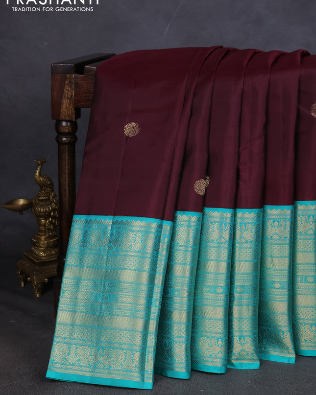 Pure kanchipuram silk saree deep maroon and teal blue with zari woven buttas and long zari woven korvai border