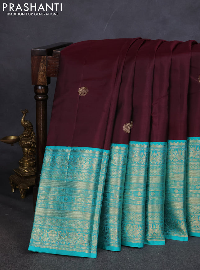 Pure kanchipuram silk saree deep maroon and teal blue with zari woven buttas and long zari woven korvai border