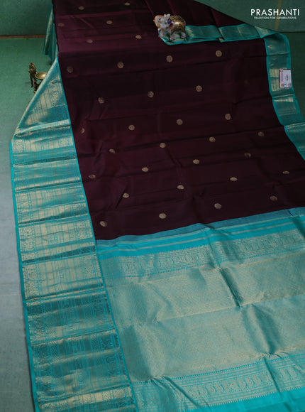 Pure kanchipuram silk saree deep maroon and teal blue with zari woven buttas and long zari woven korvai border