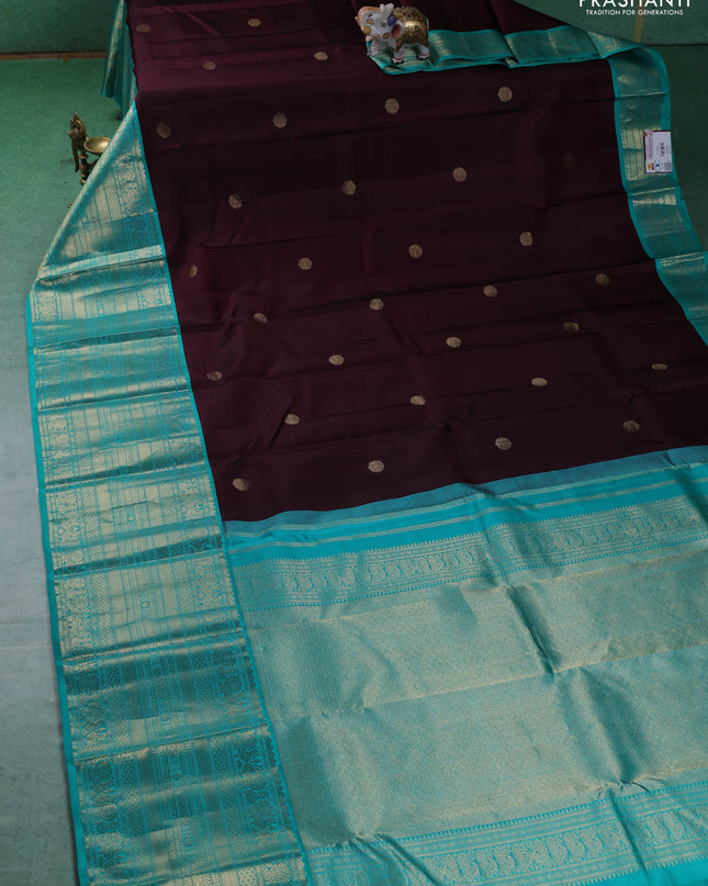 Pure kanchipuram silk saree deep maroon and teal blue with zari woven buttas and long zari woven korvai border