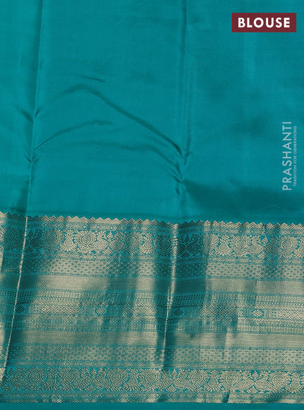 Pure kanchipuram silk saree deep maroon and teal blue with zari woven buttas and long zari woven korvai border