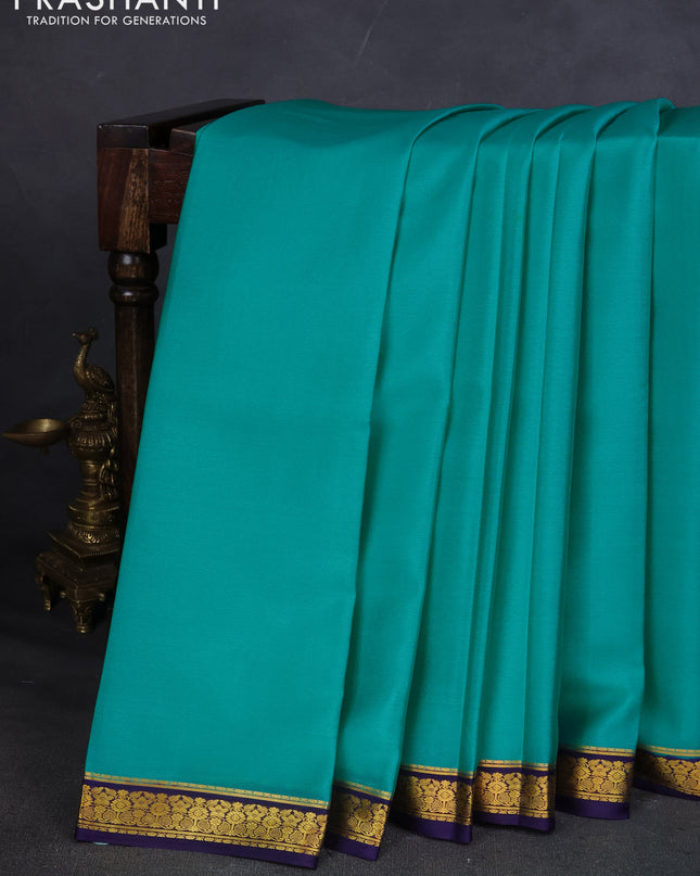 Pure mysore silk saree teal blue and dark blue with plain body and zari woven border