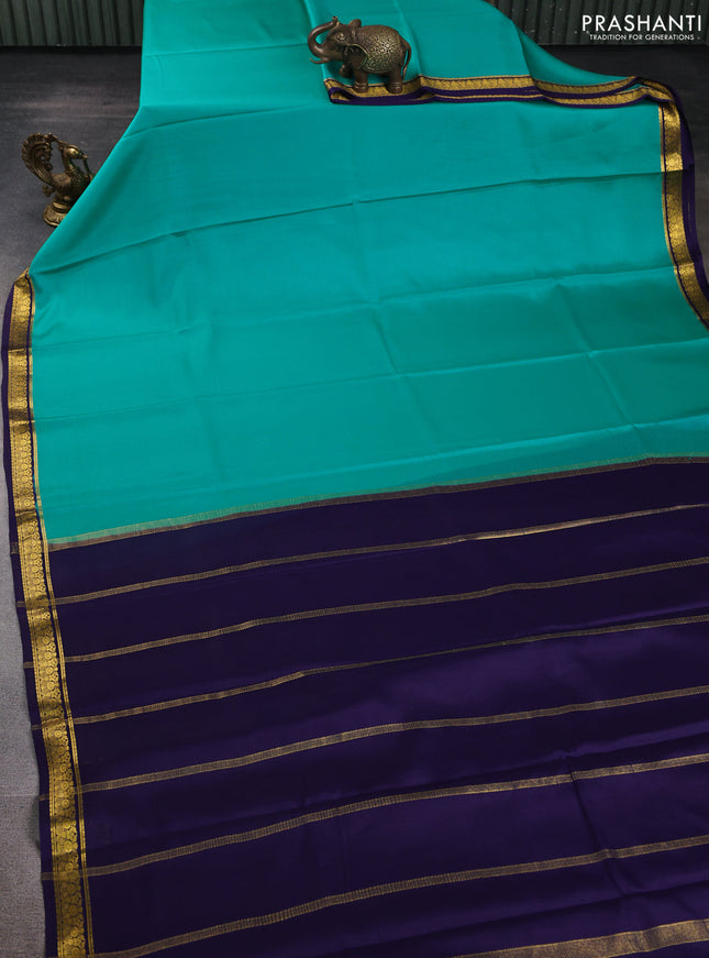 Pure mysore silk saree teal blue and dark blue with plain body and zari woven border