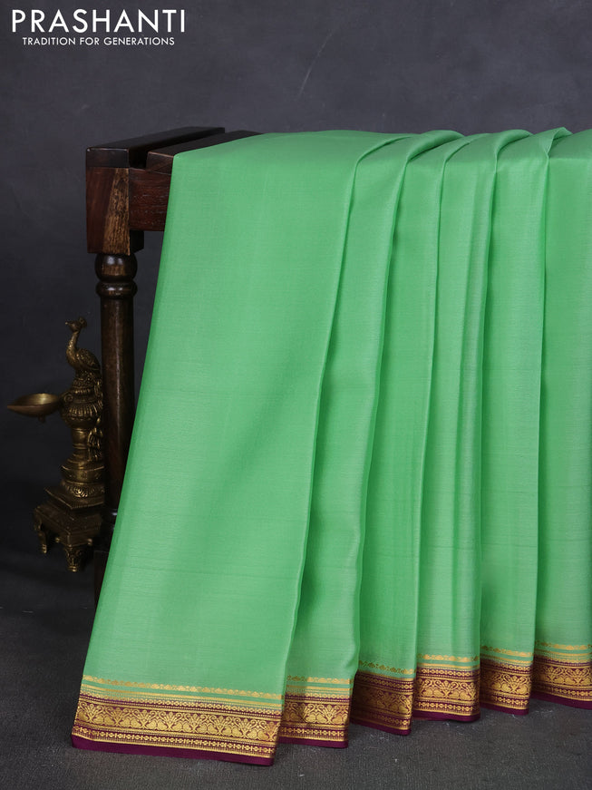Pure mysore silk saree pastel green and wine shade with plain body and zari woven border