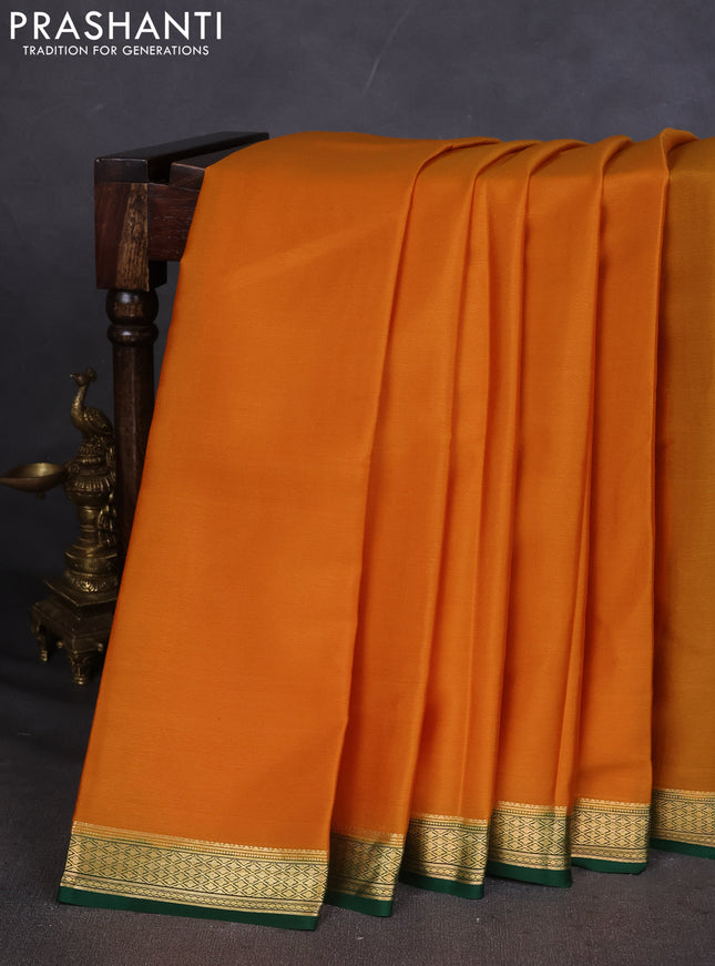 Pure mysore silk saree orange and green with plain body and zari woven border