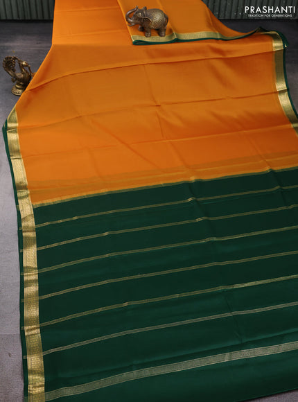 Pure mysore silk saree orange and green with plain body and zari woven border