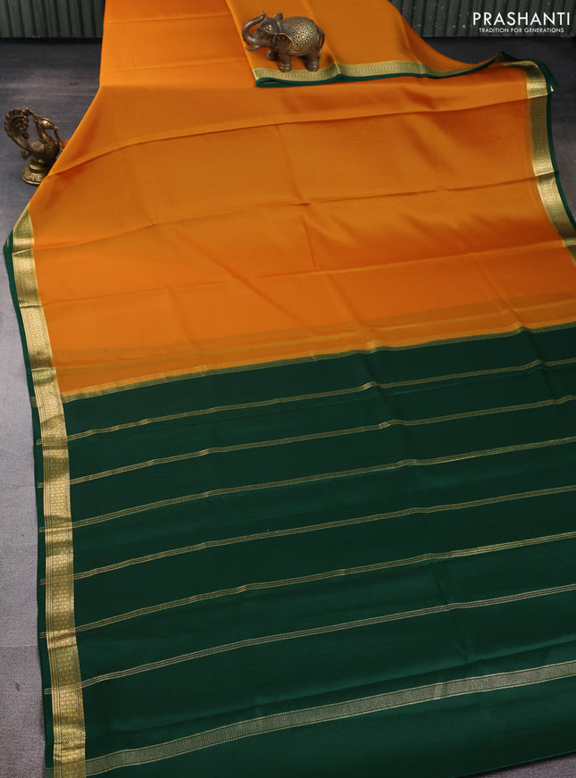 Pure mysore silk saree orange and green with plain body and zari woven border