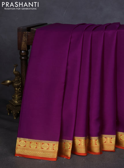 Pure mysore silk saree purple and orange with plain body and zari woven border